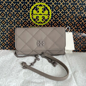 Tory Burch Willa Matte Chain Wallet Crossbody Bag Gray Heron Silver Grey